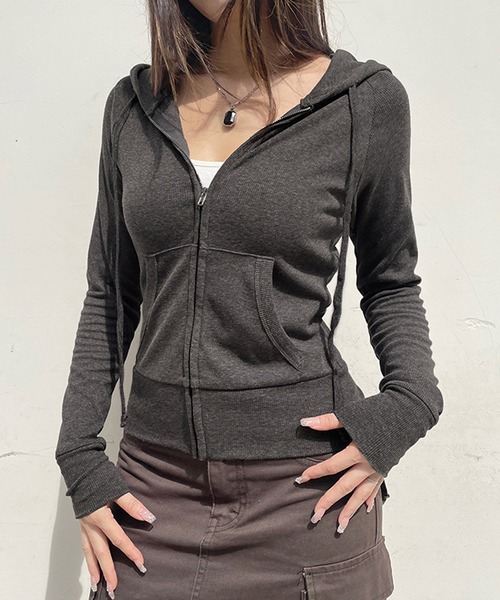 MEMECLE（メメクル）の「【 MEMECLE / メメクル 】フードジップアップ 長袖 パーカー カットソー（パーカー・レディース・ダークグレー/ライトグレー・S/M）」の19枚目の写真