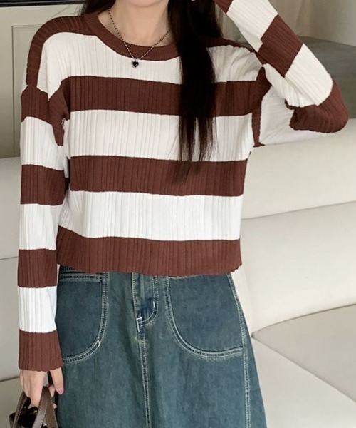 Miniministore(ミニミニストア)の「ニットトップス ショート丈 秋冬トップス(ニット/セーター・レディース・ホワイト×ブラウン/ホワイト×ブラック/チャコールグレー×ブラック・FREE)」の2枚目の写真
