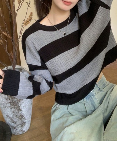 Miniministore(ミニミニストア)の「ニットトップス ショート丈 秋冬トップス(ニット/セーター・レディース・ホワイト×ブラウン/ホワイト×ブラック/チャコールグレー×ブラック・FREE)」の21枚目の写真