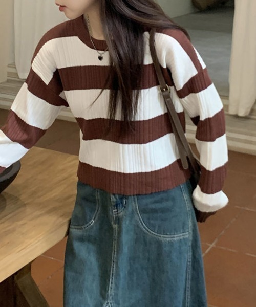 Miniministore(ミニミニストア)の「ニットトップス ショート丈 秋冬トップス(ニット/セーター・レディース・ホワイト×ブラウン/ホワイト×ブラック/チャコールグレー×ブラック・FREE)」の10枚目の写真