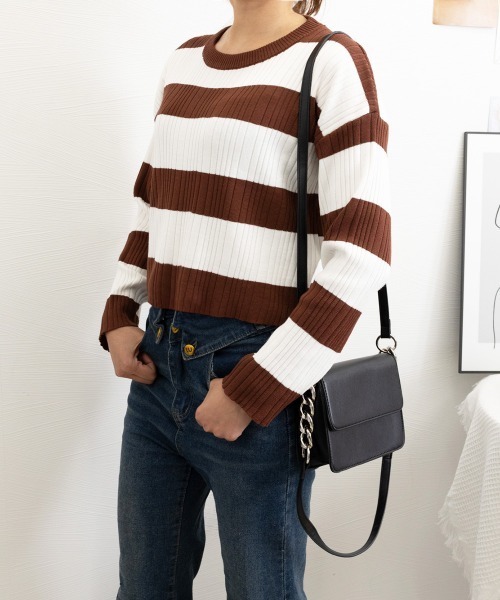 Miniministore(ミニミニストア)の「ニットトップス ショート丈 秋冬トップス(ニット/セーター・レディース・ホワイト×ブラウン/ホワイト×ブラック/チャコールグレー×ブラック・FREE)」の14枚目の写真