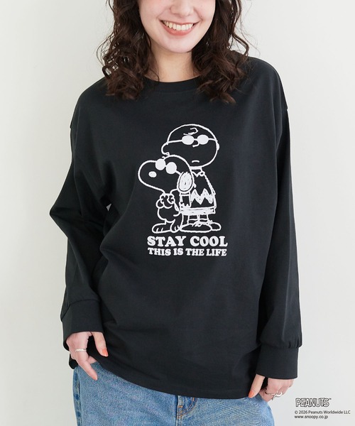 PEANUTS(ピーナッツ)の「【PEANUTS/ピーナッツ】スヌーピー/SNOOPY フロッキープリントロンT(Tシャツ/カットソー・レディース・ベージュ/ネイビー/ピンク/チャコールグレー/ブラック/ブルー/杢グレー/オフホワイト・M/L/LL/3L)」の3枚目の写真