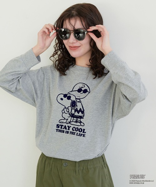 PEANUTS(ピーナッツ)の「【PEANUTS/ピーナッツ】スヌーピー/SNOOPY フロッキープリントロンT(Tシャツ/カットソー・レディース・ベージュ/ネイビー/ピンク/チャコールグレー/ブラック/ブルー/杢グレー/オフホワイト・M/L/LL/3L)」の9枚目の写真