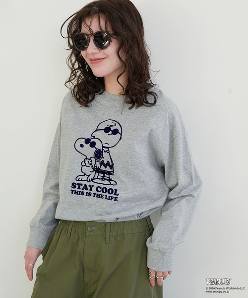 PEANUTS(ピーナッツ)の「【PEANUTS/ピーナッツ】スヌーピー/SNOOPY フロッキープリントロンT(Tシャツ/カットソー・レディース・ベージュ/ネイビー/ピンク/チャコールグレー/ブラック/ブルー/杢グレー/オフホワイト・M/L/LL/3L)」の11枚目の写真