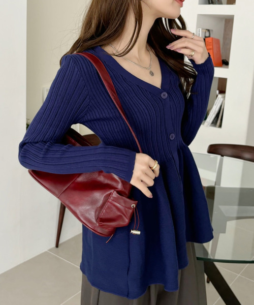 セール】ディープVネック ワイドリブ ペプラム カーディガン