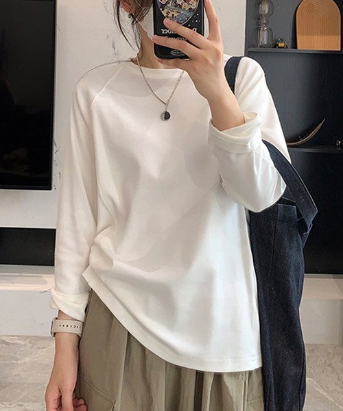 BANICO(バニコ)の「ラグランスリーブコットンロングTシャツ(Tシャツ/カットソー・レディース・ホワイト/ダークグレー・FREE)」の1枚目の写真