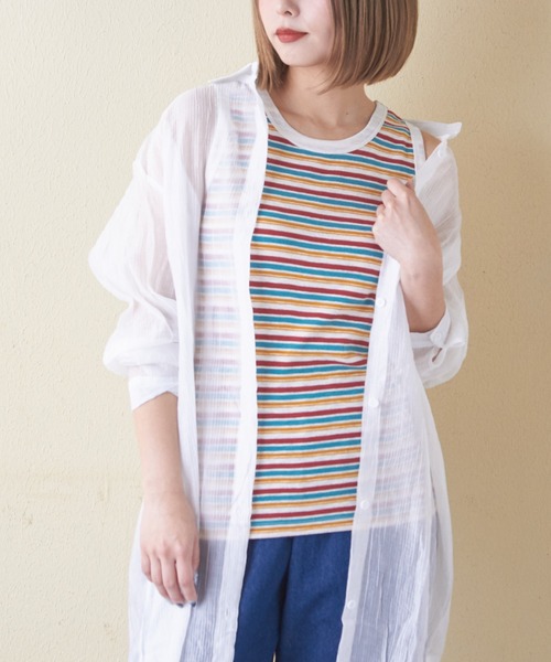 CUBE SUGAR（キューブシュガー）の「シアーストライプシャツワンピース（シャツワンピース・レディース・ブラック/ピンク/ホワイト・M）」の2枚目の写真