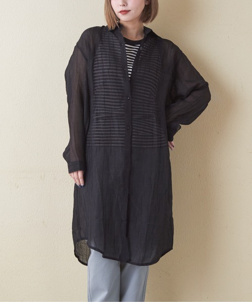 CUBE SUGAR（キューブシュガー）の「シアーストライプシャツワンピース（シャツワンピース・レディース・ブラック/ピンク/ホワイト・M）」の3枚目の写真