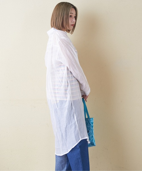 CUBE SUGAR（キューブシュガー）の「シアーストライプシャツワンピース（シャツワンピース・レディース・ブラック/ピンク/ホワイト・M）」の8枚目の写真