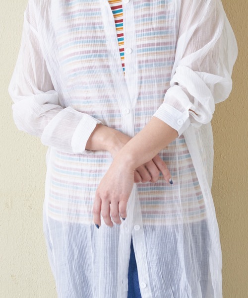 CUBE SUGAR（キューブシュガー）の「シアーストライプシャツワンピース（シャツワンピース・レディース・ブラック/ピンク/ホワイト・M）」の6枚目の写真