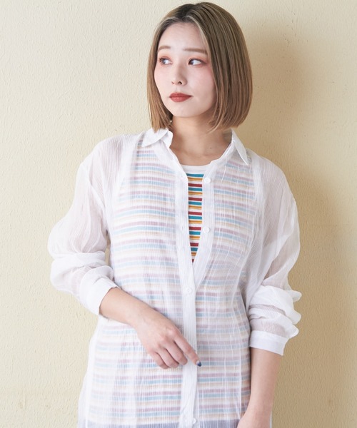 CUBE SUGAR（キューブシュガー）の「シアーストライプシャツワンピース（シャツワンピース・レディース・ブラック/ピンク/ホワイト・M）」の4枚目の写真