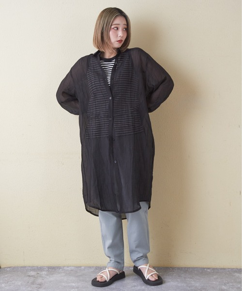 CUBE SUGAR（キューブシュガー）の「シアーストライプシャツワンピース（シャツワンピース・レディース・ブラック/ピンク/ホワイト・M）」の12枚目の写真