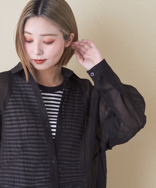 CUBE SUGAR（キューブシュガー）の「シアーストライプシャツワンピース（シャツワンピース・レディース・ブラック/ピンク/ホワイト・M）」の11枚目の写真