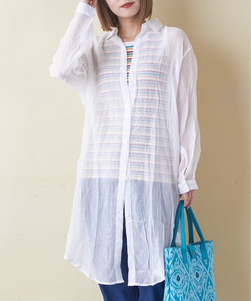 CUBE SUGAR（キューブシュガー）の「シアーストライプシャツワンピース（シャツワンピース・レディース・ブラック/ピンク/ホワイト・M）」の5枚目の写真