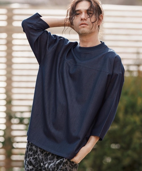 CAMBIO(カンビオ)の「mlt5099-カットデニム7分袖フットボールT(Tシャツ/カットソー・メンズ・ブラック/ネイビー/ブルー・S/M/L)」の3枚目の写真