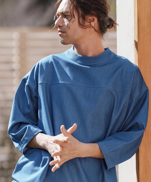 CAMBIO(カンビオ)の「mlt5099-カットデニム7分袖フットボールT(Tシャツ/カットソー・メンズ・ブラック/ネイビー/ブルー・S/M/L)」の11枚目の写真