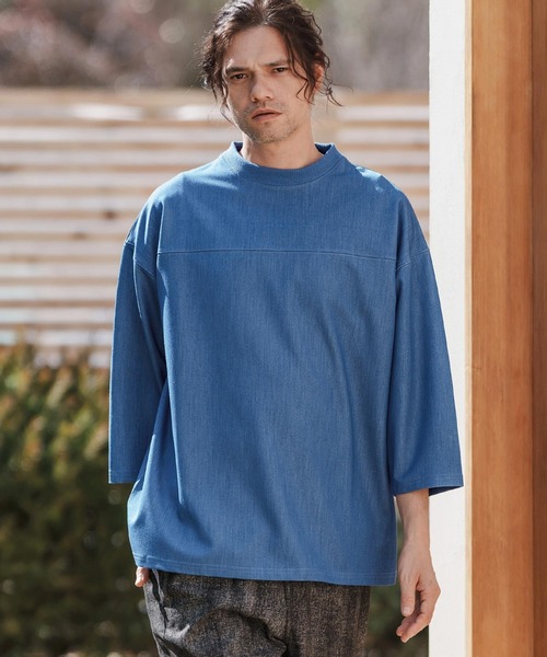 CAMBIO(カンビオ)の「mlt5099-カットデニム7分袖フットボールT(Tシャツ/カットソー・メンズ・ブラック/ネイビー/ブルー・S/M/L)」の12枚目の写真