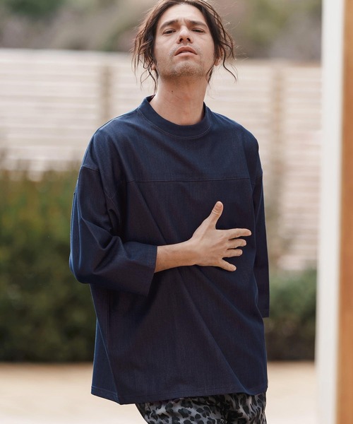 CAMBIO(カンビオ)の「mlt5099-カットデニム7分袖フットボールT(Tシャツ/カットソー・メンズ・ブラック/ネイビー/ブルー・S/M/L)」の16枚目の写真