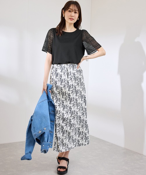 ROPE' PICNIC（ロペピクニック）の「【UVカット・接触冷感】Cutee レースドッキングフレアスリーブトップス/リンクコーデ（Tシャツ/カットソー・レディース・ブラック/ホワイト/サックスブルー/ピンク・38）」の8枚目の写真