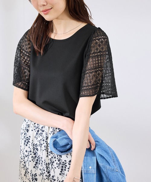 ROPE' PICNIC（ロペピクニック）の「【UVカット・接触冷感】Cutee レースドッキングフレアスリーブトップス/リンクコーデ（Tシャツ/カットソー・レディース・ブラック/ホワイト/サックスブルー/ピンク・38）」の7枚目の写真