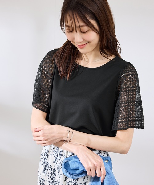 ROPE' PICNIC（ロペピクニック）の「【UVカット・接触冷感】Cutee レースドッキングフレアスリーブトップス/リンクコーデ（Tシャツ/カットソー・レディース・ブラック/ホワイト/サックスブルー/ピンク・38）」の6枚目の写真