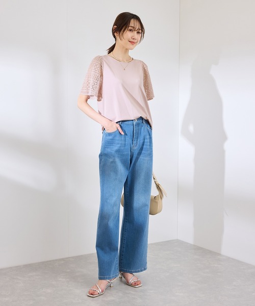 ROPE' PICNIC（ロペピクニック）の「【UVカット・接触冷感】Cutee レースドッキングフレアスリーブトップス/リンクコーデ（Tシャツ/カットソー・レディース・ブラック/ホワイト/サックスブルー/ピンク・38）」の20枚目の写真