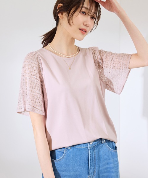 ROPE' PICNIC（ロペピクニック）の「【UVカット・接触冷感】Cutee レースドッキングフレアスリーブトップス/リンクコーデ（Tシャツ/カットソー・レディース・ブラック/ホワイト/サックスブルー/ピンク・38）」の17枚目の写真
