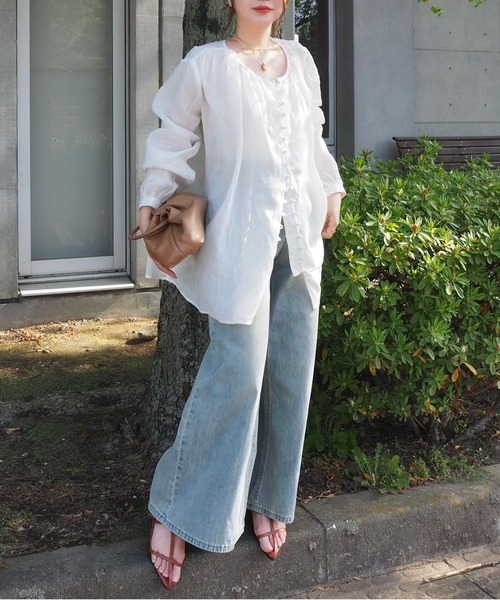 linen gather covered button blouse /リネン くるみボタン