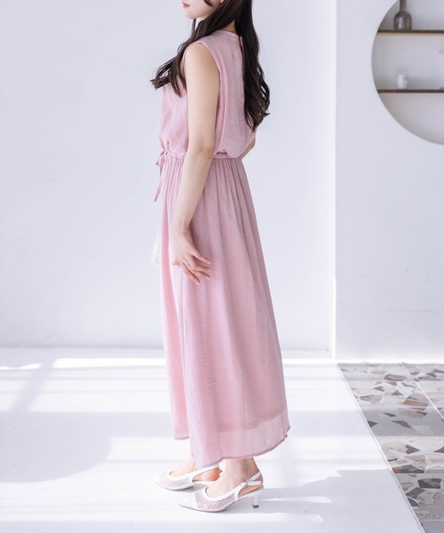 ADORE 薄いピンクベージュ　 ノースリーブワンピース ERUKEI]ピンクベージュ・レースケープ・ボレロ・2WAY・ 膝丈