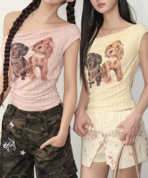 Sibra(シブラ)の「ドッグプリントリブトップス(Tシャツ/カットソー・レディース・ピンク/イエロー・M)」の3枚目の写真