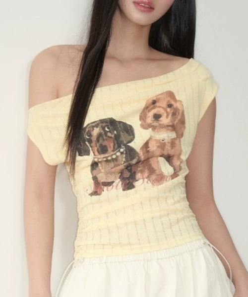 Sibra(シブラ)の「ドッグプリントリブトップス(Tシャツ/カットソー・レディース・ピンク/イエロー・M)」の4枚目の写真