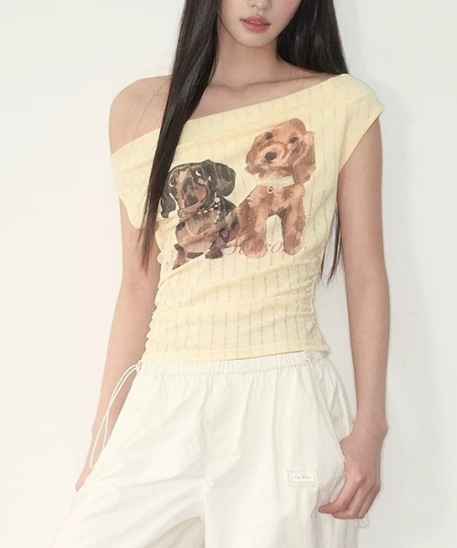 Sibra(シブラ)の「ドッグプリントリブトップス(Tシャツ/カットソー・レディース・ピンク/イエロー・M)」の7枚目の写真