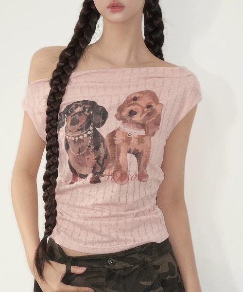 Sibra(シブラ)の「ドッグプリントリブトップス(Tシャツ/カットソー・レディース・ピンク/イエロー・M)」の11枚目の写真