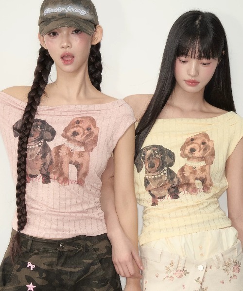 Sibra(シブラ)の「ドッグプリントリブトップス(Tシャツ/カットソー・レディース・ピンク/イエロー・M)」の15枚目の写真