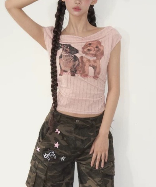 Sibra(シブラ)の「ドッグプリントリブトップス(Tシャツ/カットソー・レディース・ピンク/イエロー・M)」の13枚目の写真