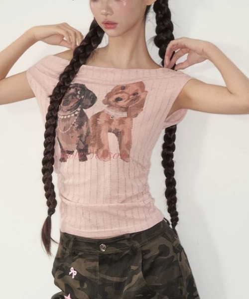 Sibra(シブラ)の「ドッグプリントリブトップス(Tシャツ/カットソー・レディース・ピンク/イエロー・M)」の14枚目の写真