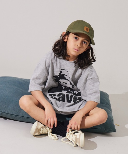 PAIRMANON STREET(ペアマノンストリート)の「【PAIRMANON STREET】ワッフル プリント オーバーサイズ Tシャツ(Tシャツ/カットソー・キッズ・グレー/ブルー/アイボリー・100/150/90/130/110/120/160/140)」の16枚目の写真