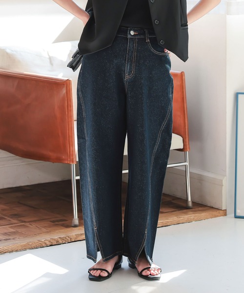 BODYSONG. リバーシブルパンツ デニム・オリーブ セール】ペイントルーズフィットブルーデニム（デニムパンツ