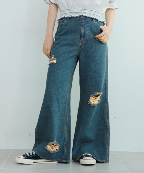 eLur】ダメージフレアデニムパンツ【セット対応】（デニムパンツ
