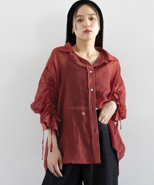 RAGEBLUE（レイジブルー）の「袖シャーリングBIGシアーシャツ（シャツ/ブラウス・レディース・ホワイト/ブラック/ライトピンク/レッド・FREE）」の4枚目の写真