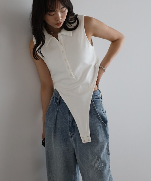[SCULPTOR]オーバーオールニットボディスーツ生 セール】【動画あり】polo knit sleeveless body suit / ポロ
