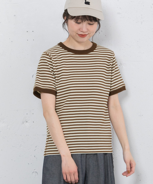POU DOU DOU(プードゥドゥ)の「ハニカムボーダーTシャツ(Tシャツ/カットソー・レディース・ブラック/グリーン/ブラウン・M)」の2枚目の写真