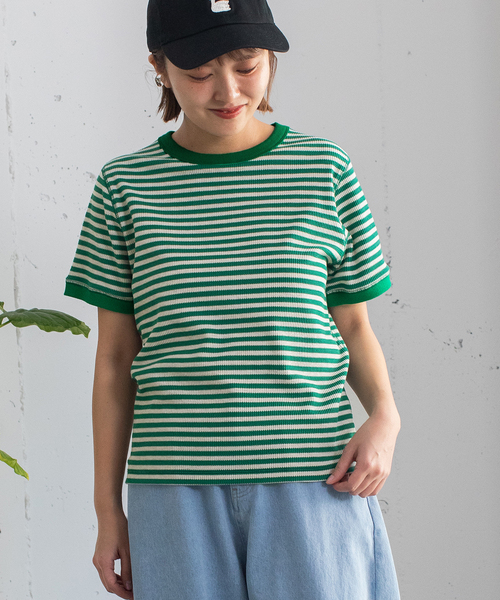 POU DOU DOU(プードゥドゥ)の「ハニカムボーダーTシャツ(Tシャツ/カットソー・レディース・ブラック/グリーン/ブラウン・M)」の3枚目の写真