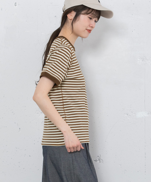 POU DOU DOU(プードゥドゥ)の「ハニカムボーダーTシャツ(Tシャツ/カットソー・レディース・ブラック/グリーン/ブラウン・M)」の5枚目の写真