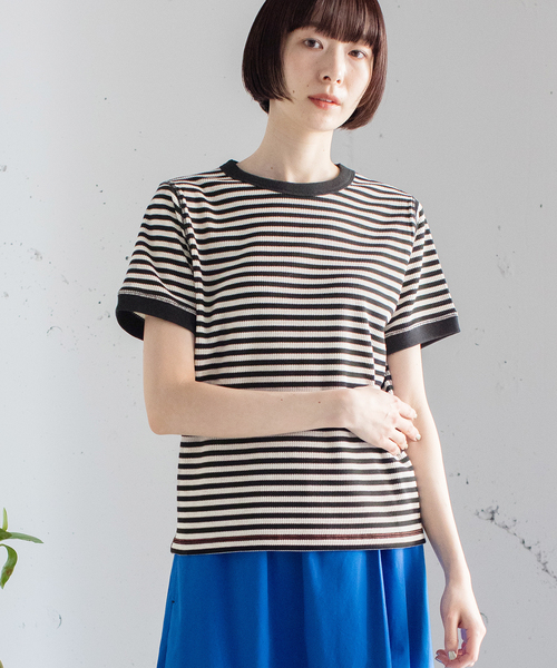 POU DOU DOU(プードゥドゥ)の「ハニカムボーダーTシャツ(Tシャツ/カットソー・レディース・ブラック/グリーン/ブラウン・M)」の12枚目の写真