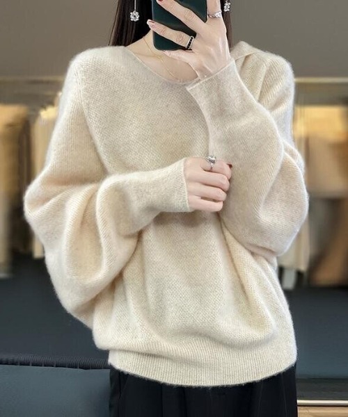 セール】モヘアタッチフード付きルーズニット（ニット/セーター