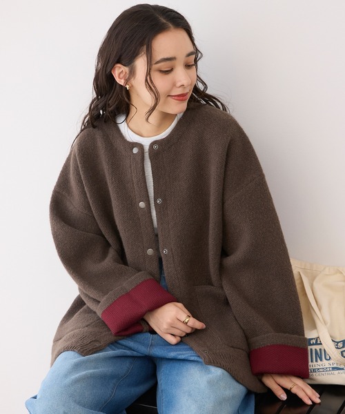 THE CRAFT CREW PRODUCTS(ザクラフトクループロダクツ)の「ウォッシャブル 裏配色 スナップボタン ニットカーディガン【THE CRAFT CREW PRODUCTS】(カーディガン/ボレロ・レディース・グレイッシュベージュ/アイボリー/ブラック/グレー/ブラウン/ネイビー/杢グレー/ダークカーキ・FREE)」の8枚目の写真