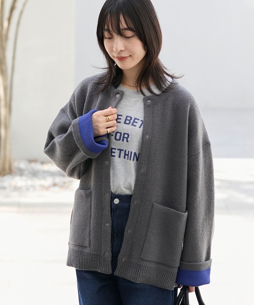 THE CRAFT CREW PRODUCTS(ザクラフトクループロダクツ)の「ウォッシャブル 裏配色 スナップボタン ニットカーディガン【THE CRAFT CREW PRODUCTS】(カーディガン/ボレロ・レディース・グレイッシュベージュ/アイボリー/ブラック/グレー/ブラウン/ネイビー/杢グレー/ダークカーキ・FREE)」の9枚目の写真
