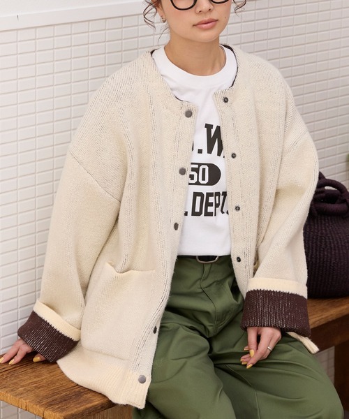 のり様 カーディガン Fアイボリー ウォッシャブル 裏配色 スナップボタン ニットカーディガン【THE CRAFT