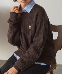 U.S. POLO ASSN. /ユーエスポロアッスン 別注ワンポイント刺繍　ケーブルニットプルオーバーダークブラウン